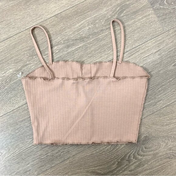 Primark Women’s Crop Tank Top Button Front Taupe Lettuce trim Ribbed Size Small - Picture 7 of 9